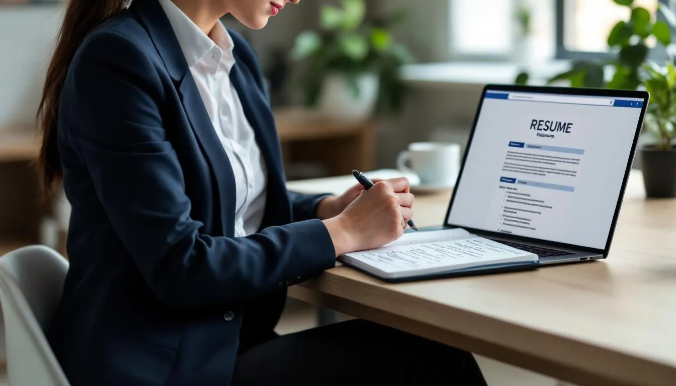 A professional person is intently reviewing a resume on their laptop, surrounded by notes and highlighting key job descriptions and relevant skills. This scene captures the essence of using AI tools for resume writing, emphasizing the importance of tailoring content to impress hiring managers and optimize for applicant tracking systems.